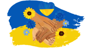 Руки прикрывают друг друга на фоне украинского флага