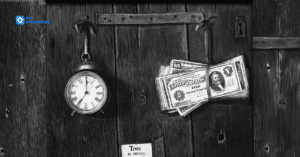 Black and white photo of an old clock and a pack of dollars by Bettmann on Getty Images