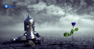 Robot en una tierra gris desierta cerca de una rosa azul, Ilustración de Stefan Keller, Pixabay