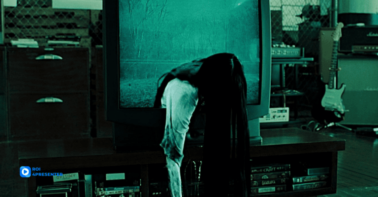 A shot with a girl crawling out of a TV from a movie "Ring"