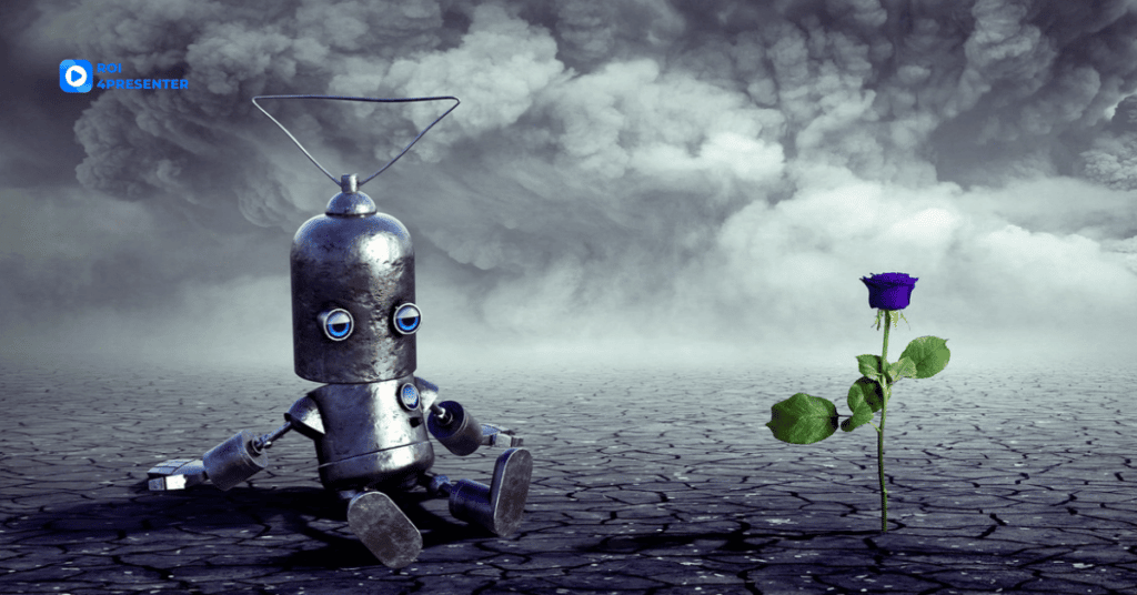 Robot in a deserted gray land near a blue rose, Illustration by Stefan Keller, Pixabay