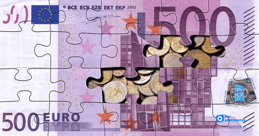 Puzzle of 500 Euros with a few missing pieces and coins underneath