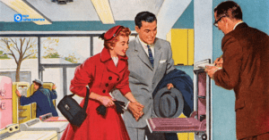 A retro looking picture of a man and woman holding hands in a store while a sales assists them