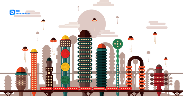 Simplistically drawn futuristic city with high buildings and flying cars