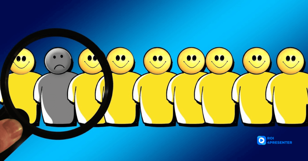 A row of yellow smiling people and a one gray and sad under the magnifying glass