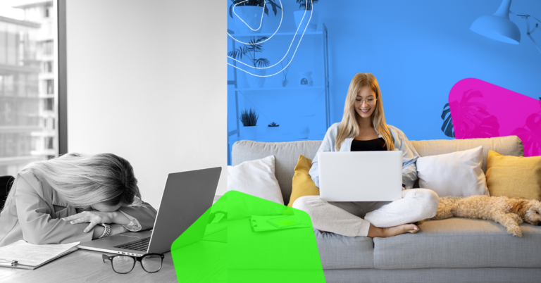 Two women in the same room, one is sad in black and white colors, the other one is colorful, working remotly at the laptop