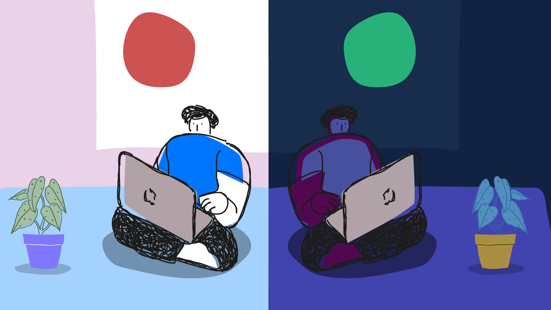 A person sitting with a laptop in the daylight is mirrored by the same setting but in the nighttime