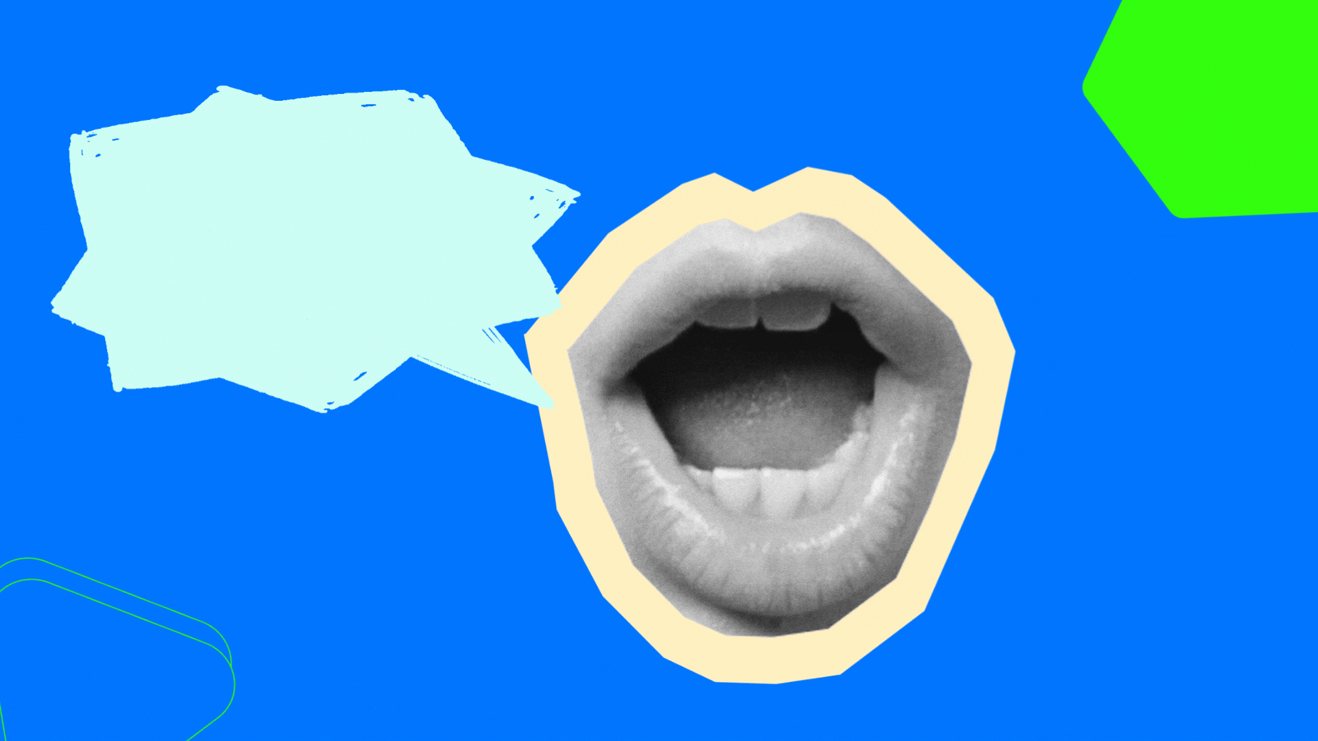 An open mouth with an empty word bubble on a blue background