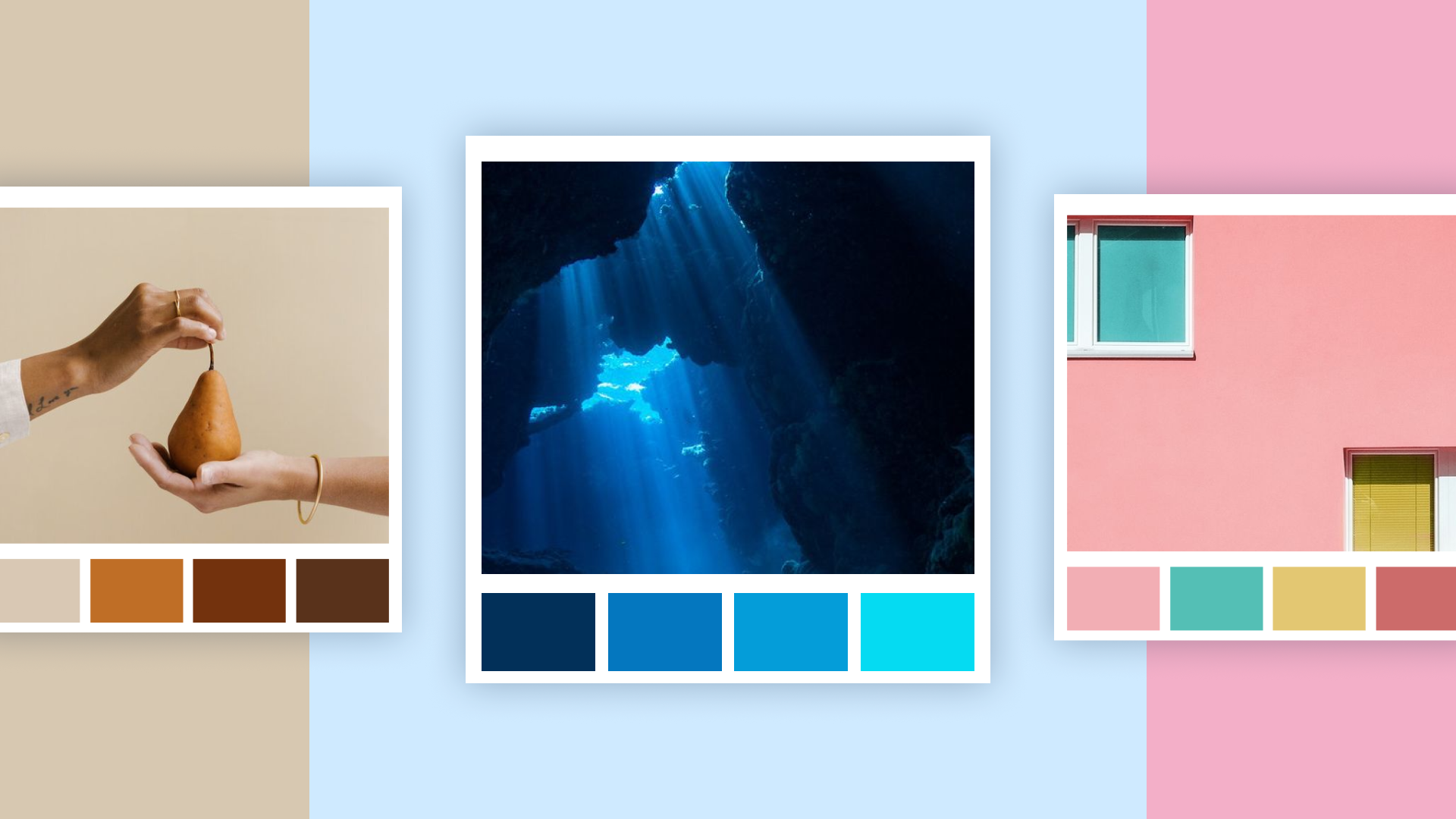 Different types of pastel and subtle blue color palettes illustrated with photos