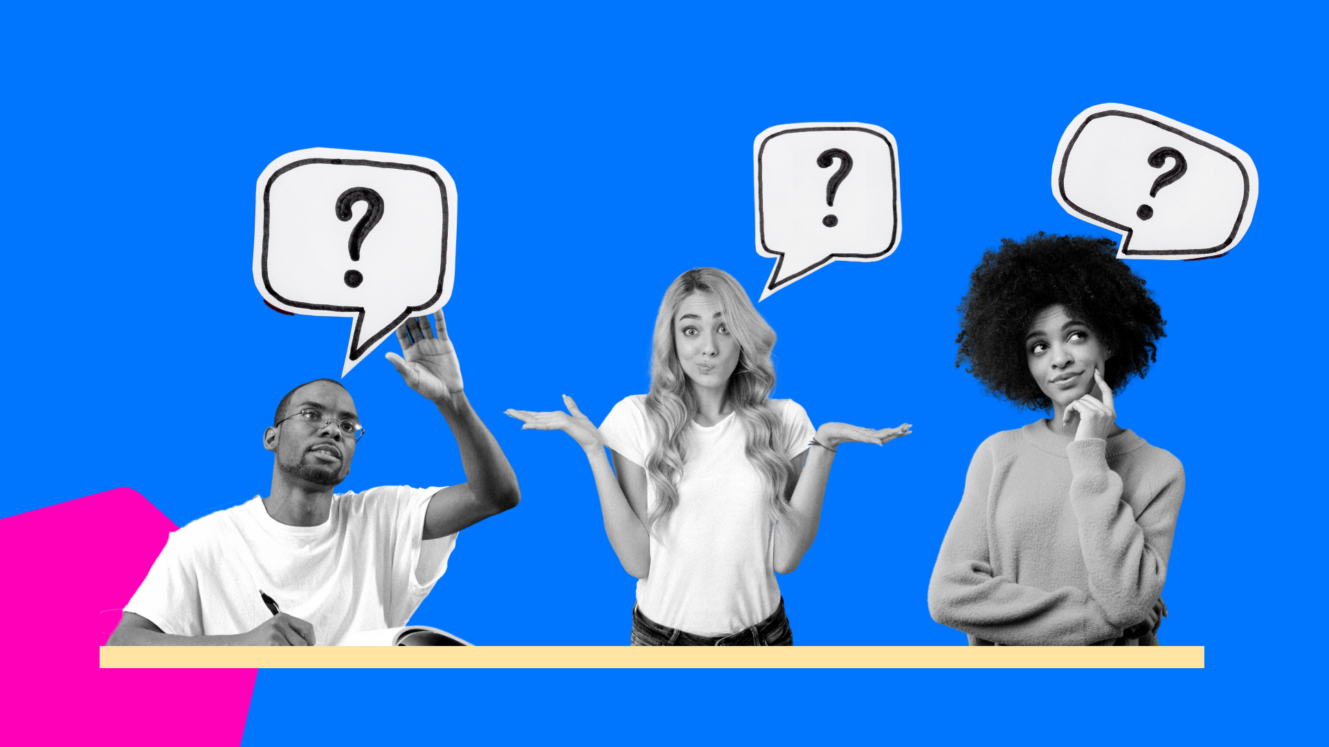 Three people on the blue background in a poses suggesting not understanding with a question marks above their head
