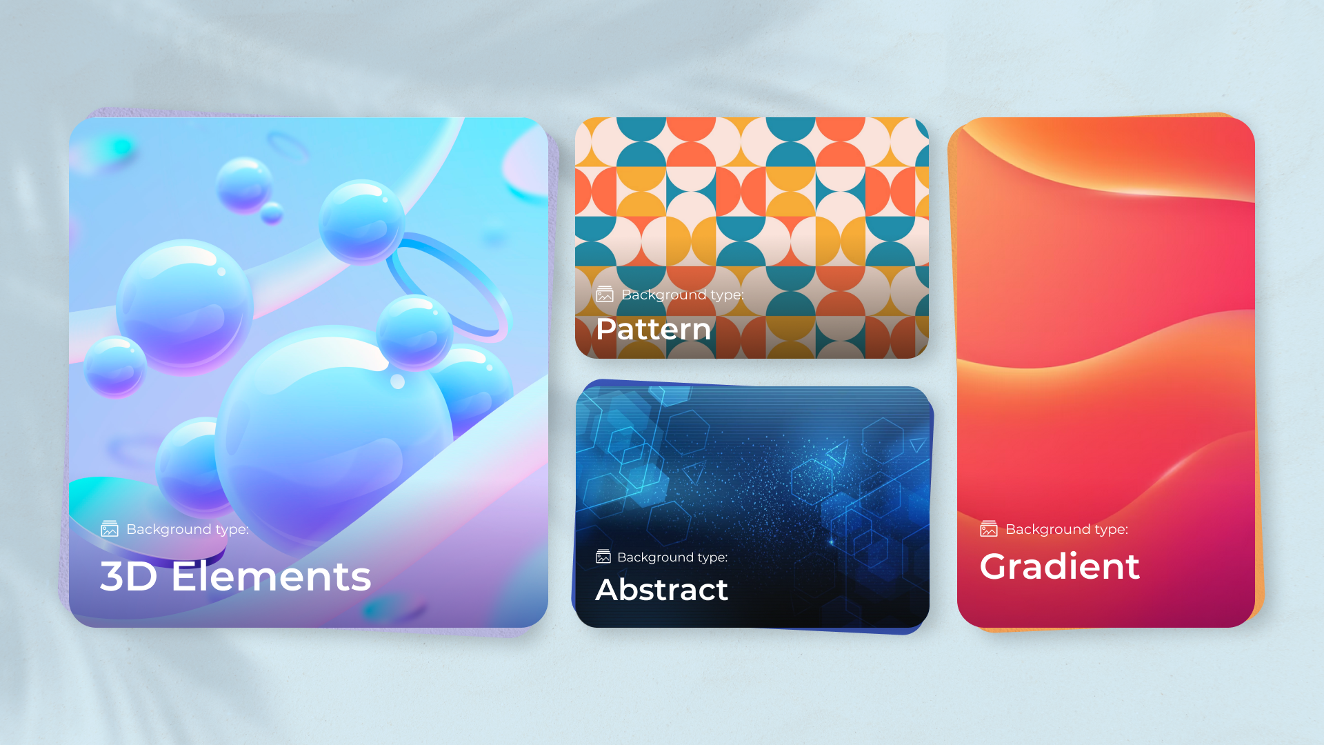 Cards with different patterns on them, one has 3D shapes, one is geometrical, one has gradient